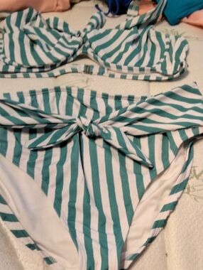 Tie Front Teal And White Stripe Underwire Bikini Top With Matching Bottom